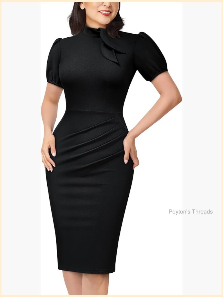 Crew Neck Puff Sleeve Ruched Cocktail Dress